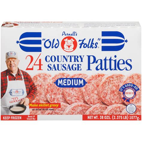 Old folks country sausage - Sugar 0g. Protein 8g. Calcium 0mg 0%. Iron 1.08mg 6%. Vitamin A 0Number of International Units 0%. Vitamin C 0mg 0%. *The % Daily Value (DV) tells you how much a nutrient in a serving of food contributes to a daily diet. 2,000 calories a day is used for general nutrition advice. Ingredients. Pork (Including Ham, Loin, and Tenderloin), Water ... 